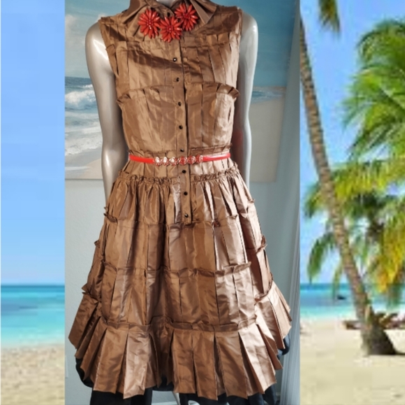 *$4,000 OSCAR DE LA RENTA BEAUTIFUL BRONZE PLEADED SILK RUNWAY DRESS US M - Picture 5 of 13